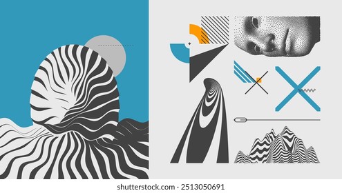 Man's face looking down. Abstract melted liquid shape. Background made of distorted lines. Pattern with optical illusion. Art composition. Vector for brochure, flyer, card, banner or cover.