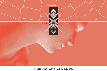 Cara de homem olhando para baixo. Cabeça humana digital. Resumo científico com células ou membranas celulares. Projeto de arte de linha. Vetor para apresentação, faixa, livreto, brochura, cartaz, folheto ou capa.