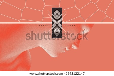 Man's face looking down. Digital human head. Abstract scientific background with cells or cell membranes. Line art design. Vectorfor presentation, banner, booklet, brochure, placard, flyer or cover.