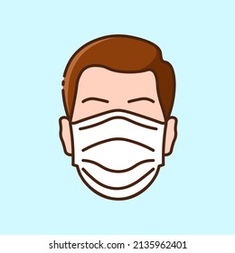 Man's face in a medical mask colored icon on light blue background. Prevention of infectious diseases. Collection of stylish icons on the theme of medical tools, drugs and healthcare diagnostics. 