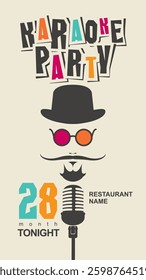 Man's face with mustache in hat and glasses with microphone. Colored Banner of music cafe or poster for karaoke party in hipster style with funny cartoon inscription karaoke party