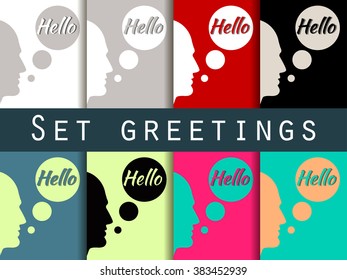 Man's face in profile, set. Text in the cloud, hello. Vector illustration.