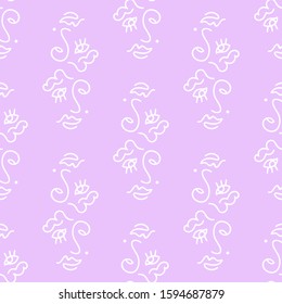 Man's face seamless pattern. Lilac background. Line art.