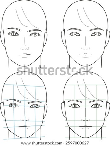 A man's face seen from the front. A symmetrical face and a distorted face.