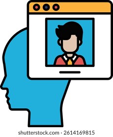 A man's face is shown in a blue box. The man is wearing a red tie