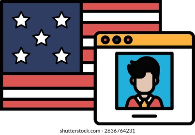 A man's face is shown next to the American flag. The man is wearing a red shirt and a tie