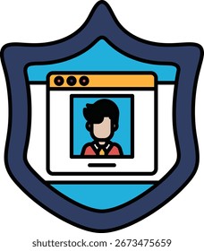 O rosto de um homem é mostrado em um escudo azul. O rosto do homem é preto e vermelho