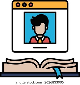 A man's face is shown on a computer screen with a book open in the background. The man is wearing a tie and he is working on a project. The book is open to a page with a blue and white background