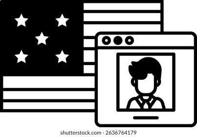 A man's face is shown on a computer screen with the American flag in the background. The man's face is the main focus of the image, while the flag serves as a background