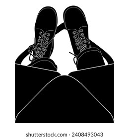 Man's feet wearing laced shoes sticking out from a paper envelope. Funny design. Black and white silhouette.