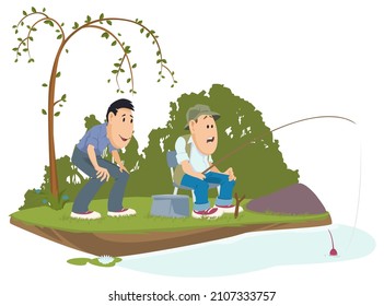 Mans fishing. Fishermans on river bank. Illustration concept for mobile website and internet development.