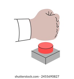 A man's fist hitting forcefully on a big red button. Vector illustration