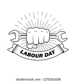 A man's fist is holding a tool. Symbol of the international day of workers. Contour vector illustration.