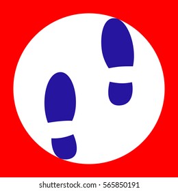 Mans footprints sign. Blue icon in white circle at red background. Colors of USA flag. Circumscribed circle. Circumcircle.