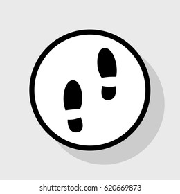 Mans footprints sign. Vector. Flat black icon in white circle with shadow at gray background.