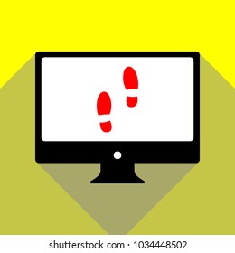 Mans footprints sign. Vector. Red icon on white monitor of black all-in-one desktop computer with two shadows at yellow background.