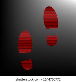 Mans footprints sign. Vector. Striped red and black icon at gradient blackish background. Zebra.