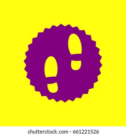 Mans footprints sign. Vector. Violet label with hole as icon on yellow background.