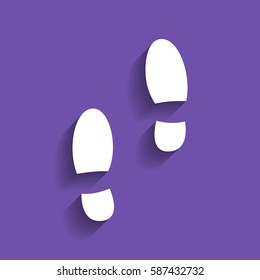 Mans footprints sign. Vector. White icon with soft shadow on grape violet background.