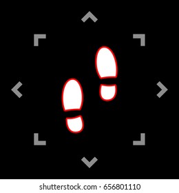 Mans footprints sign. Vector. White icon in gray focus like mandala on black background.
