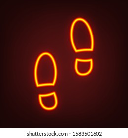 Mans footprints sign. Yellow, orange, red neon icon at dark reddish background. Illumination. Illustration.