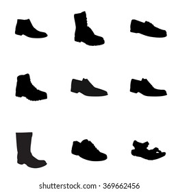 Man's footwear, silhouettes. Names: biker boot, bootee, business shoe, lase-up, men's sandal,  moccasin, outdoor boots, trainers, trekking