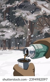 a man's gloved hand pours tea from a thermos against the background of a forest