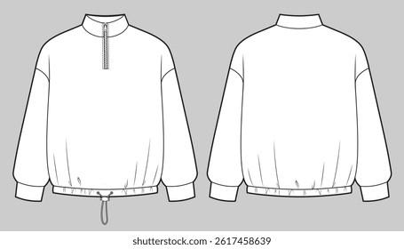 Mans half zipper sweatshirt with drawstring on bottom.