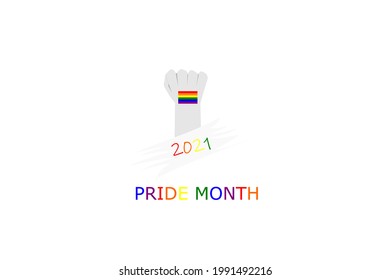 man's hand back side handful with small rainbow sticker on wrist the symbol of LGBQ community  equality movement, and text" 2021 PRIDE MONTH", concept for LGBTQ happy pride month in June