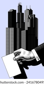 La mano de un hombre con una cédula de votación en el fondo de edificios altos en una ciudad estadounidense. Concepto de las elecciones presidenciales de los EE.UU. con un estilo de grabado vintage. Vector
ilustración 