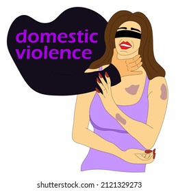 man's hand beats, strangles frightened wife, blindfolded woman.  the concept of woman who is afraid of domestic violence. The Slogan is DOMESTIC VIOLENCE. Stop violence against women. Vector