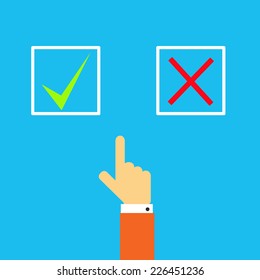 Man's hand before choosing yes or no. Vector illustration of a flat design.