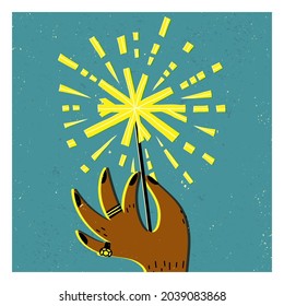 A man's hand with black nails design and rings holding a burning Bengal light, firework sparkler. Happy New Year greeting card, banner design. Cartoon style hand-drawn vector illustration.