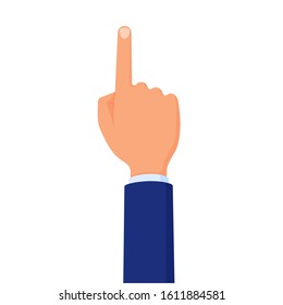 Man's Hand In Blue Suit Pointing With Index Finger Flat Cartoon Style Vector Illustration Icon Isolated On White Background.