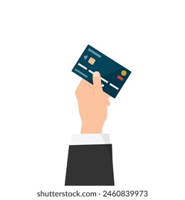 A man's hand in a business suit holds up, hands over a debit, credit card for payment. Flat style vector