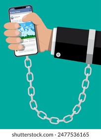 Mans hand chained and shackled to mobile smart phone. Addiction from gadget with social media. Addicted to social networks, chatting and messaging. Vector illustration in flat style