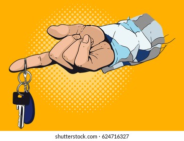 A man's hand in a checkered shirt giving a key