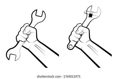 Mans hand clenches a huge wrench in a fist. Hard work, working professions. Labor Day. Isolated vector on white background