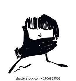 A man's hand covers the mouth of a girl. Illustration on the theme of adult abuse of woman. Sketch