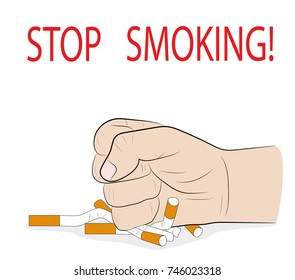 a man's hand crushes cigarettes. STOP SMOKING! concept of the ban on smoking. vector illustration.