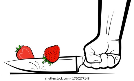 mans hand cuts a ripe juicy strawberry with a knife. Preparation of vitamin cocktails. Vegetarian food. Banner, poster. Bright summer design element on white background