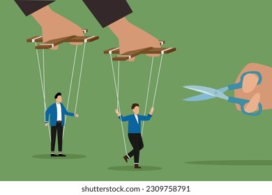A man's hand cuts the threads between the puppeteer and the puppet with scissors 2d vector illustration concept for banner, website, illustration, landing page, flyer, etc.