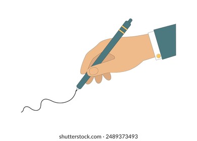 A man's hand draws a line, writes with a pen. Work concept, writer, inspiration. Vector illustration on white background