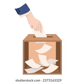 A man's hand dropping a ballot into a voting box.Vector composition for the election campaign.