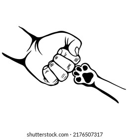 A man's hand Fist bump dog's paw. Illustration. friendship, Paw of a puppy or kitten Fist bump human hand