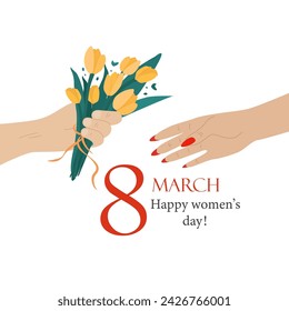 A man's hand gives a bouquet of tulips to a woman's hand. A hand holds a bouquet of yellow tulips. A beautiful bouquet, painted with your own hands. Florist. Postcard for March 8. Women's Day