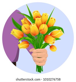 A man's hand gives a bouquet of yellow tulips. Flowers for the birthday, 8 March, Valentine's Day, anniversary. For gift cards, banners. Isolated on white background, vector illustration.