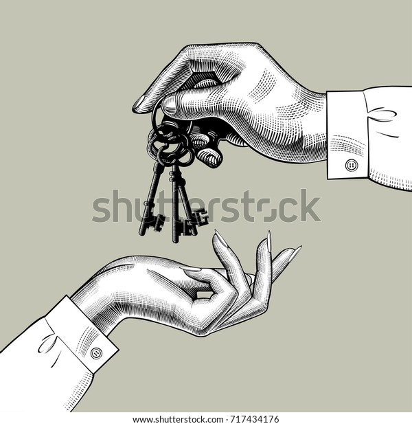 男が女の手に鍵を渡す ビンテージ彫刻様式の図 ベクターイラスト のベクター画像素材 ロイヤリティフリー