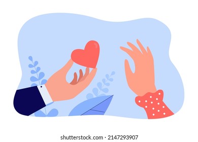 Mans hand giving heart gift to woman. Rejection of girl on date flat vector illustration. Mistake and end of love, lovesickness, breakup concept for banner, website design or landing web page