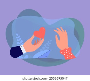 Mans hand giving heart gift to woman. Rejection of girl on date flat vector illustration. Mistake and end of love, lovesickness, breakup concept for banner, website design or landing web page